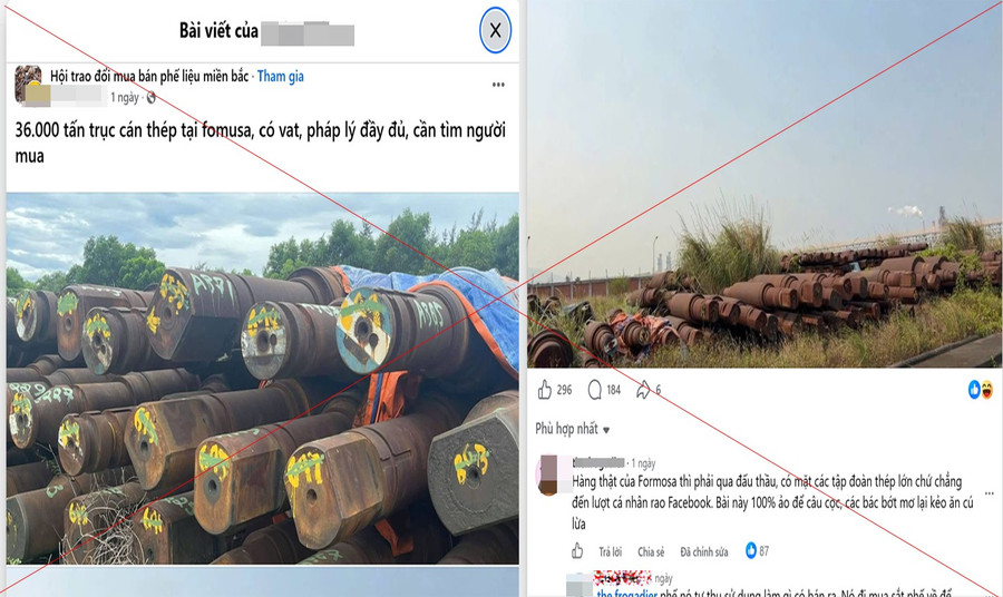 Thông tin giả mạo tại một hội nhóm trên Facebook về việc Formosa bán trục cán thép.